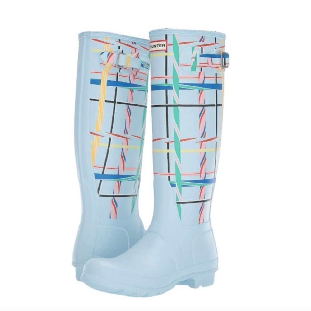 Hunter Original Tall Tartan Rain boots in Boat Blue | size 8